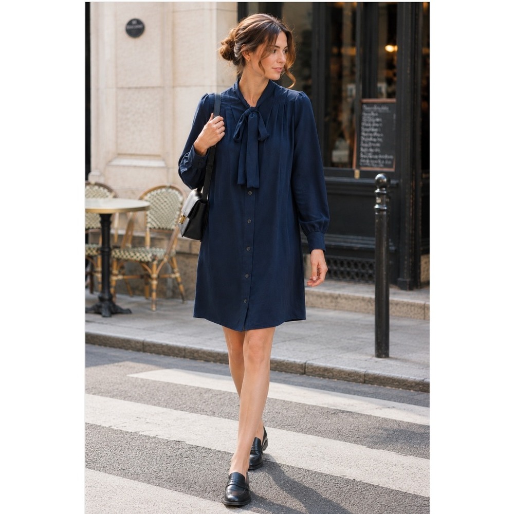 A.P.C. Paris Navy Tie Neck Pleated Shift Dress Small French Minimalist